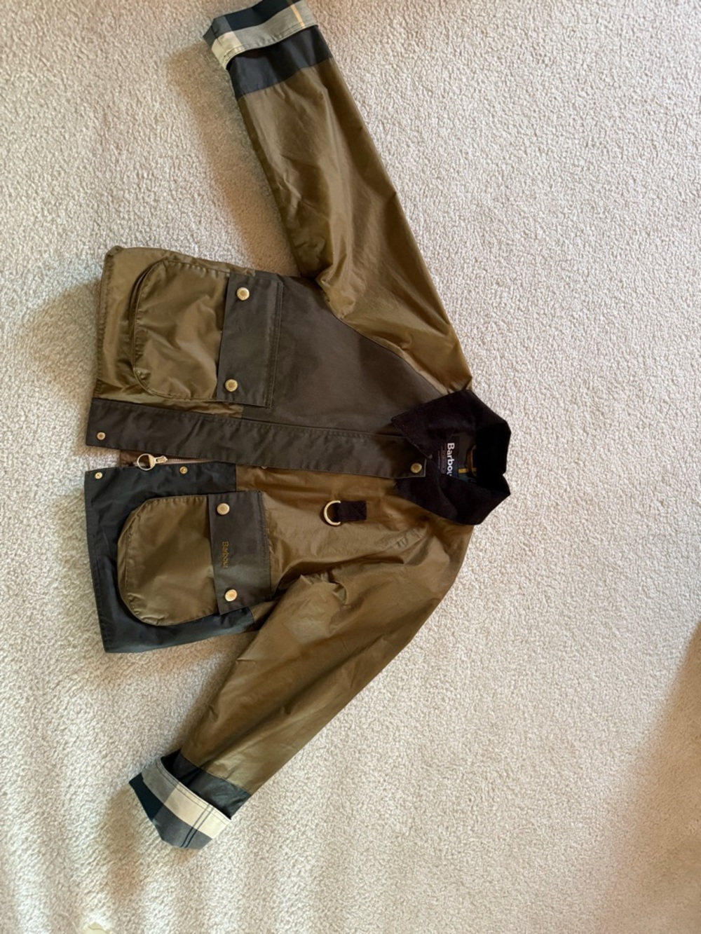 Barbour Olive Waxed Cotton Jacket with patchwork details size 6